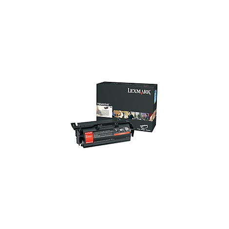 Schwarze Tonerkartusche und Verpackung von Lexmark. Kartusche mit Aufdrucken. Box mit Logo und Abbildung.