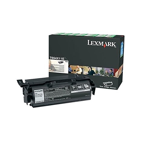 Schwarze Lexmark-Tonerpatrone und -Verpackung. Auf der Verpackung steht "Lexmark". Auf der Kartusche steht "T654X11E".