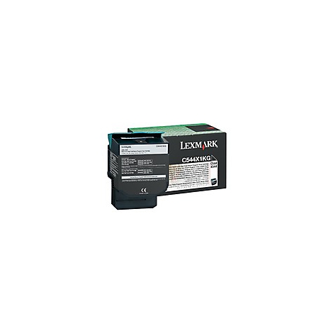 Lexmark Tonerkartusche C544X1KG, schwarz, mit Verpackung, vor weißem Hintergrund. Auf der Kartusche Text.