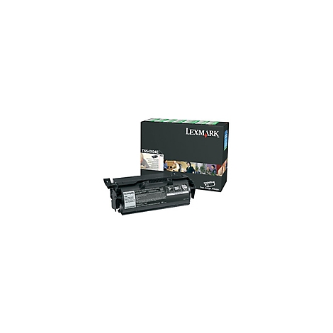 Eine schwarze Lexmark-Tonerpatrone vor ihrer Verpackung. Auf der Verpackung steht 'LEXMARK' und 'T654X04E'.