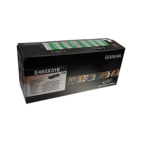 Cartouche d'imprimante Lexmark noire dans une boÃ®te noire. Inscription : E460X31E. Texte : True Image, Always.