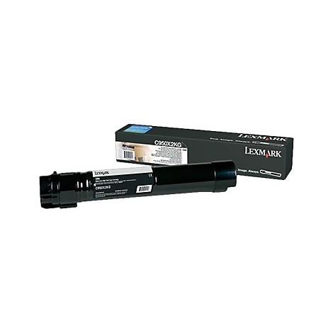 Schwarze Tonerkartusche und Verpackung. Auf der Verpackung steht 'C950X2KG' und 'Lexmark'.