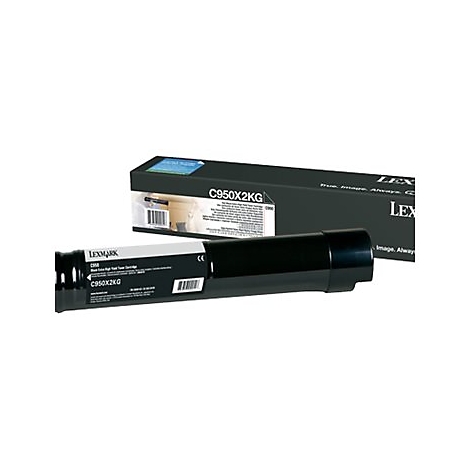 Schwarze Tonerkartusche und -verpackung mit Aufdrucken, vor weiÃŸem Hintergrund. Aufdruck: C950X2KG