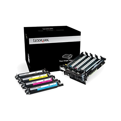 Verschiedene Tonerkartuschen und ein Drucker-Trommel-Kit mit der Aufschrift Lexmark.