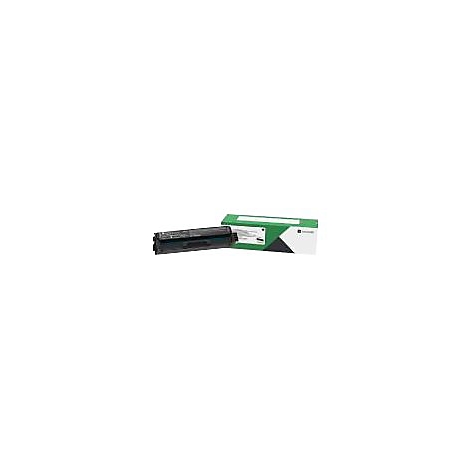 Cartouche de toner noire et emballage vert sur fond blanc.