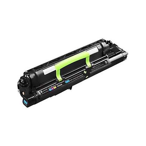 Schwarze Tonerkartusche mit grÃ¼ner Griffleiste. Aufschrift: Lexmark. Text und Farbmarkierungen.