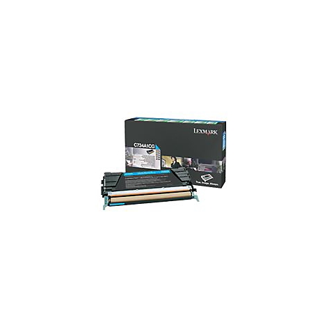 Blaue Lexmark Tonerkartusche und schwarze Verpackung mit Text und Bild. Aufschrift: C734A1CG.