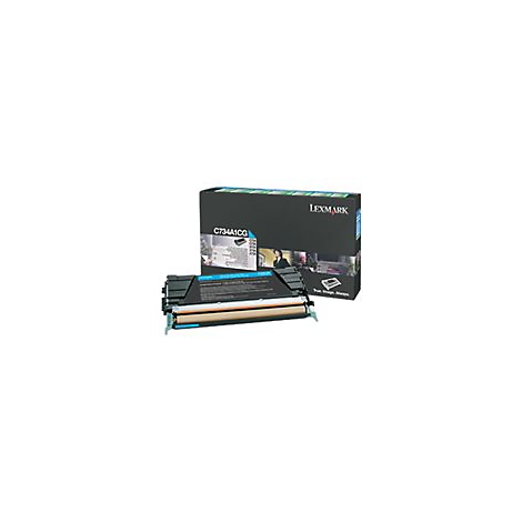 Blau-schwarze Lexmark Tonerkartusche und Verpackung. Aufdruck: C734A1CG.