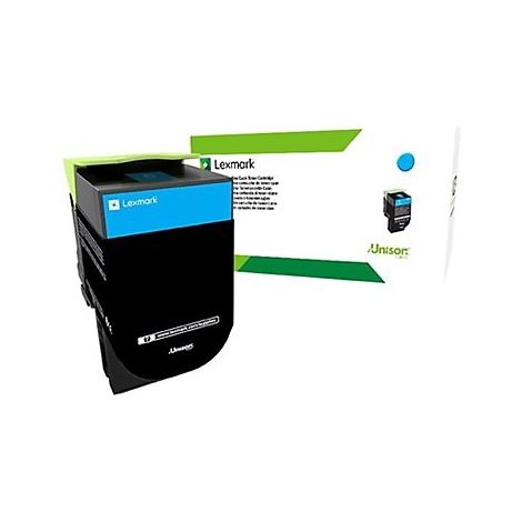 Schwarze Lexmark Tonerkartusche mit hellgrünem Griff und blauer Blende vor der Originalverpackung.