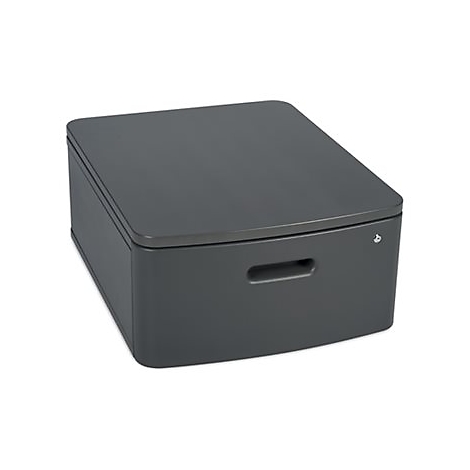 Dunkelgraue, rechteckige Box mit Deckel. Ein Griff und ein kleines Schloss auf der Vorderseite.