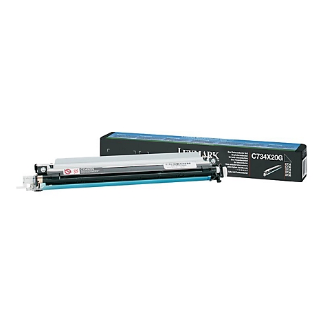 Lexmark C734X20G Tonerkartusche und Verpackung auf weißem Hintergrund.