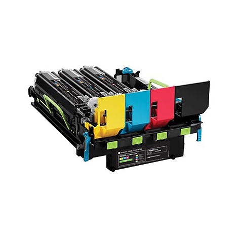 Ein Farblaserdrucker-Toner in Schwarz, Gelb, Cyan und Magenta. Auf schwarzem GehÃ¤use. Details von Tintenfarben abgebildet.