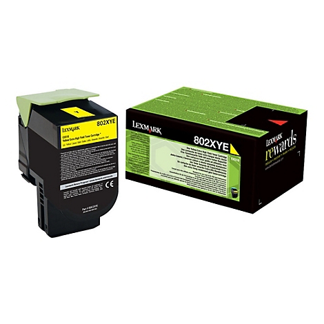 Gelbe Lexmark-Tonerkartusche 802XYE, daneben die Verpackung.