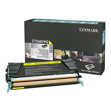 Lexmark Tonerpatrone und Verpackung, schwarz und gelb. Aufdrucke wie C734A1YG, True Image. Always.