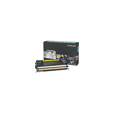 Gelbe Lexmark-Tonerpatrone vor Produktverpackung, Beschriftung "C734A1YG".