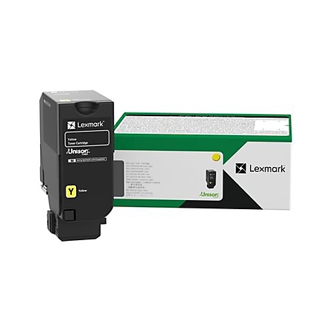 Gelbe Lexmark Tonerkartusche und Verpackung. Aufdruck: "Yellow", "Unison".