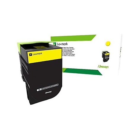 Gelbe Lexmark Tonerkartusche vor der dazugehörigen Produktverpackung auf weißem Hintergrund.