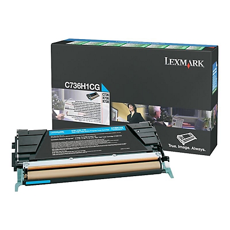 Lexmark Tonerkartusche C736H1CG, blau-schwarz, neben der Verpackung.