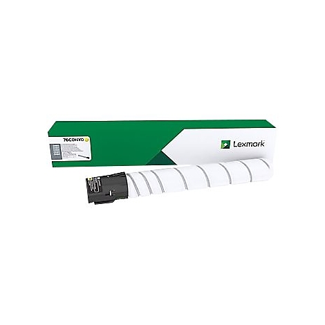 Lexmark Tonerkartusche und Verpackung. Weiß-grüne Verpackung. Aufdrucke und Logos, z.B. „Lexmark“.