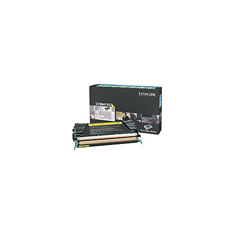 Lexmark Tonerkartusche C736H1YG mit Verpackung vor weißem Hintergrund. Schwarze Box mit Produktinformationen.