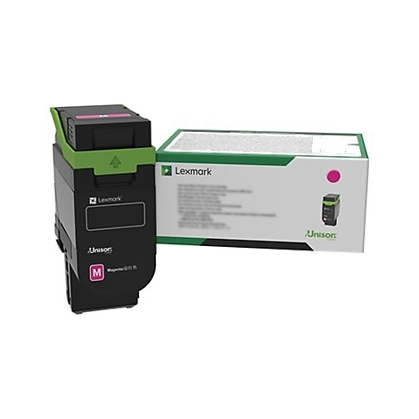 Schwarze und grüne Tonerkartusche und Verpackung von Lexmark. "Unison" und "Magenta" deutlich erkennbar.