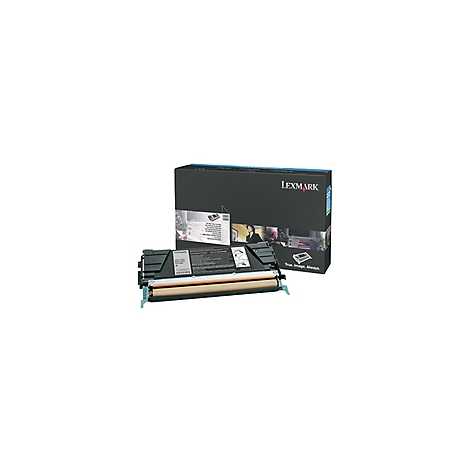 Eine geöffnete, schwarze Lexmark Tonerkartusche liegt vor einer schwarzen Box mit Lexmark-Logo und Bildern.