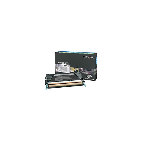 Lexmark C736H1KG-Toner. Die Kartusche liegt vor einer schwarzen Box mit dem Lexmark-Logo und Produktinformationen.