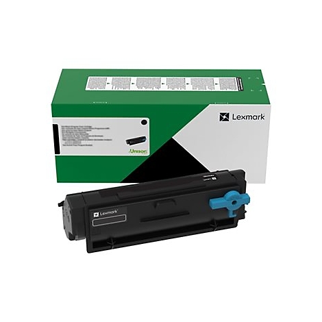 Lexmark Tonerkartusche und Box. Schwarz, Grün und Weiß. Mit dem Lexmark Logo.