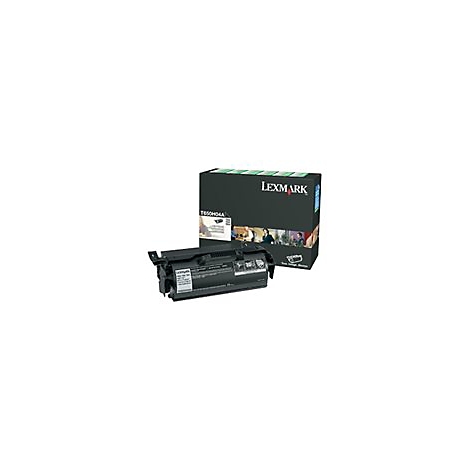 Schwarze Tonerkartusche und Schachtel von Lexmark. Kartusche links, Schachtel rechts.