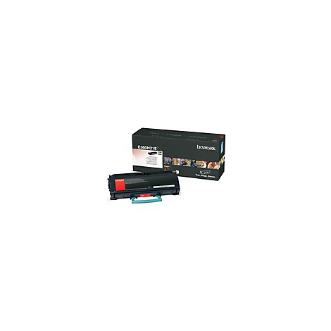 Schwarze Lexmark Tonerkartusche und Box, beide auf weißem Hintergrund. Die Box zeigt eine Produktabbildung.