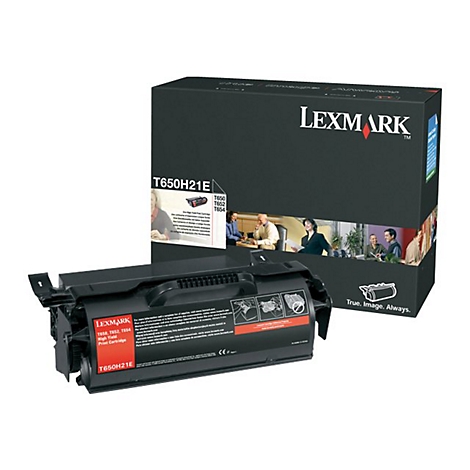 Schwarze Lexmark-Tonerpatrone und -Verpackung. Auf der Verpackung steht "LEXMARK" und "True. Image. Always.".