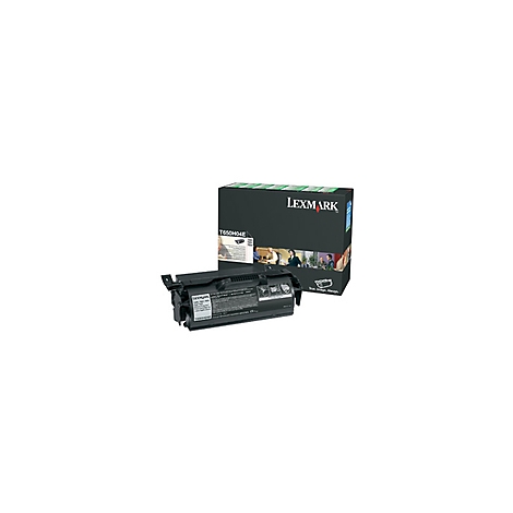 Schwarze Tonerkartusche und Verpackung von Lexmark, mit Produktbezeichnung T650H04E.