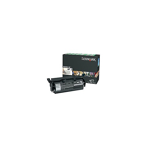 Schwarze Lexmark-Tonerpatrone mit Verpackung, beide vor weißem Hintergrund.
