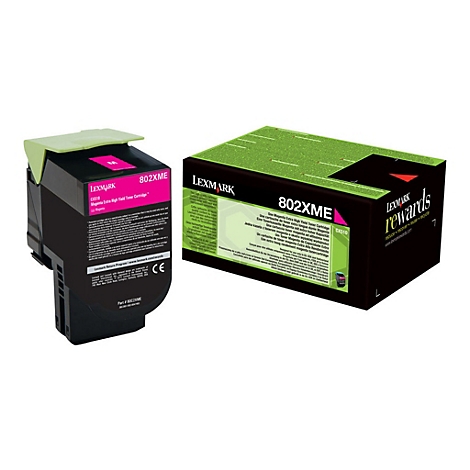 Eine schwarze Lexmark-Tintenpatrone und ein Karton mit grÃ¼nen und schwarzen Farben. Die Patrone ist pink, mit der Aufschrift 802XME.