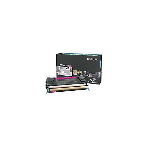 Eine magentafarbene Lexmark Tonerkartusche mit schwarzer Verpackung.