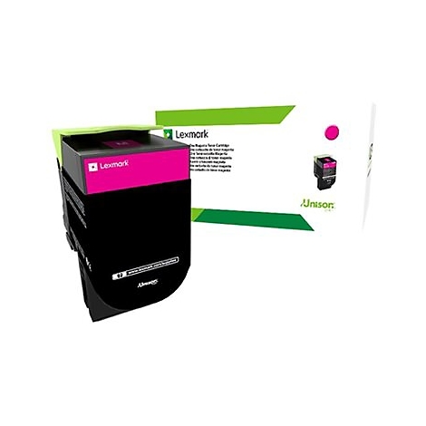 Lexmark Magentatonerkartusche vor ihrer weißen Verpackung mit grünem Logo.
