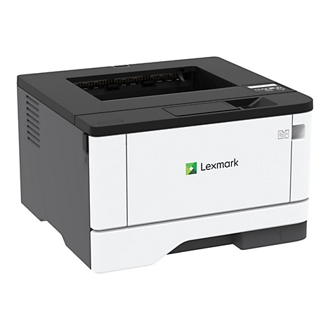 Ein weiÃŸ-schwarzer Laserdrucker der Marke Lexmark auf weiÃŸem Hintergrund. Logo und Schriftzug Lexmark vorne.