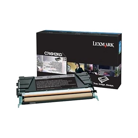 Toner noir de Lexmark avec emballage. Texte : C746H2KG, Lexmark. True Image. Always.