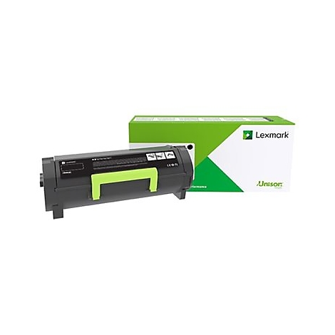 Cartouche de toner noire avec des accents verts et un emballage Lexmark. Inscriptions : Unison, Lexmark.