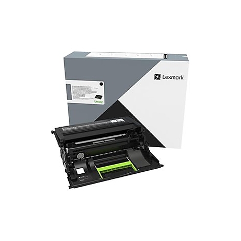 Un toner d'imprimante noir avec un Ã©lÃ©ment vert et un emballage gris. Logo Lexmark sur l'emballage.
