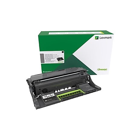 Cartouche de toner noire et grise avec des accents verts devant un emballage vert et blanc ; Lexmark, Unison.