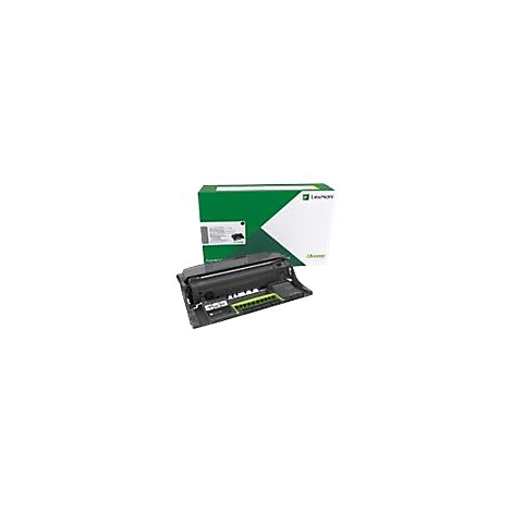 Cartouche d'imprimante noire ouverte devant un emballage vert avec le logo Lexmark.