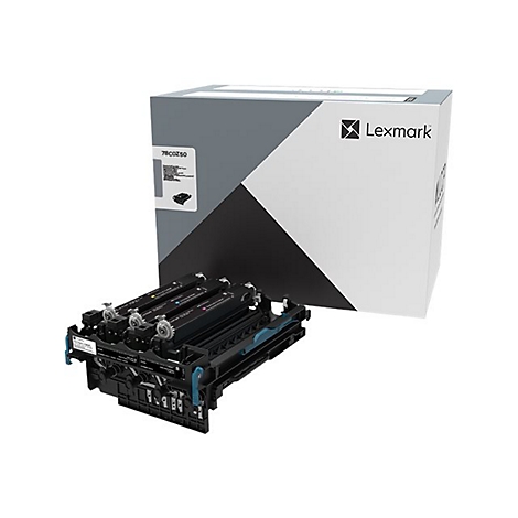 Eine Tintenpatrone liegt vor einer weiÃŸen Schachtel mit Lexmark-Logo. Die Patronen haben blaue Elemente.