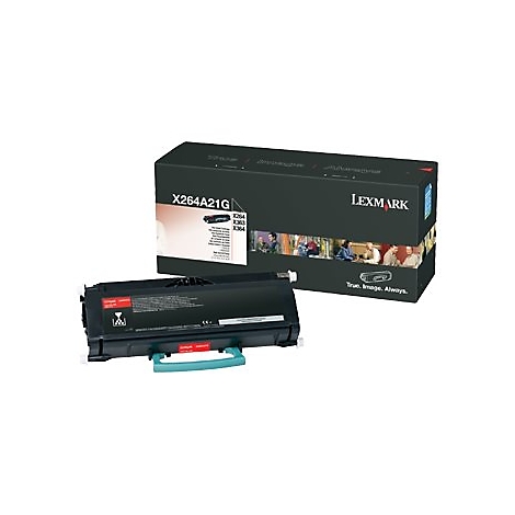 Schwarze Lexmark-Tonerpatrone und Karton. Aufschrift: X264A21G.