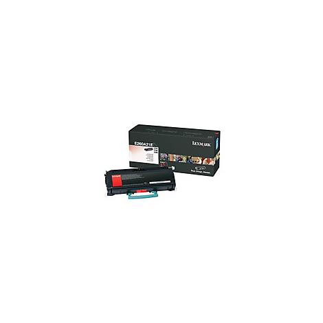 Schwarze Lexmark Tonerkartusche mit rotem Akzent neben einer Schachtel. Beide stehen auf weißem Hintergrund.