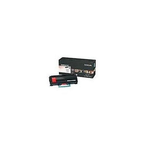 Schwarze Lexmark Toner-Kartusche und Verpackung vor weißem Hintergrund.
