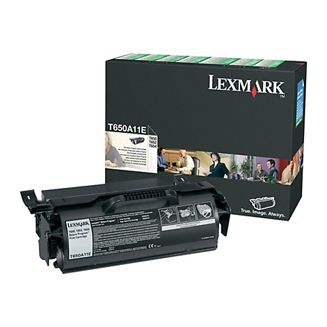 Schwarzer Lexmark-Druckerpatronen-Kasten und -Patrone, Texte: "T650A11E", "T650, T652, T654 Return Program Print Cartridge", "Lexmark".
