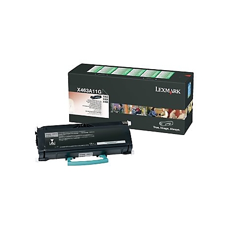 Lexmark Tonerkartusche und Verpackung. Schwarze Patrone, grüne Halterung, schwarze Verpackung mit Logo und Produktbezeichnung.