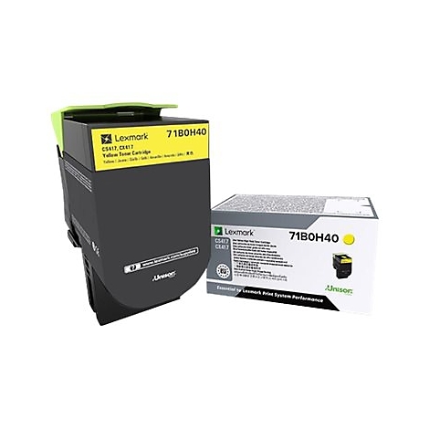 Lexmark Tonerkartusche, Gelb. Schwarze Kartusche und gelbe Verpackung.