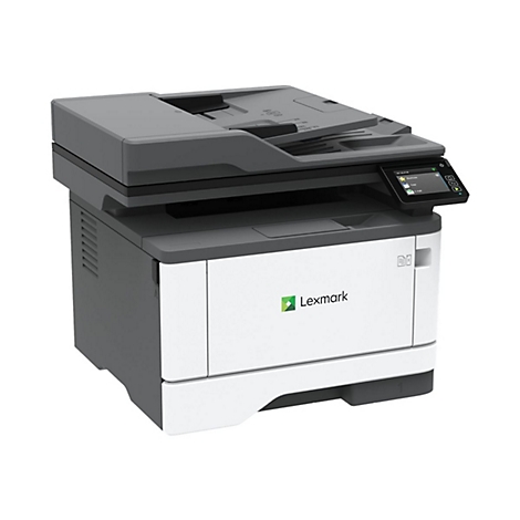 Lexmark Laserdrucker in Weiß und Grau mit Touchscreen-Display vor weißem Hintergrund.